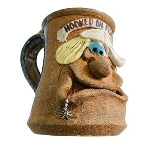 Ugly Face Fishing Theme Signed Pottery Mug 12oz